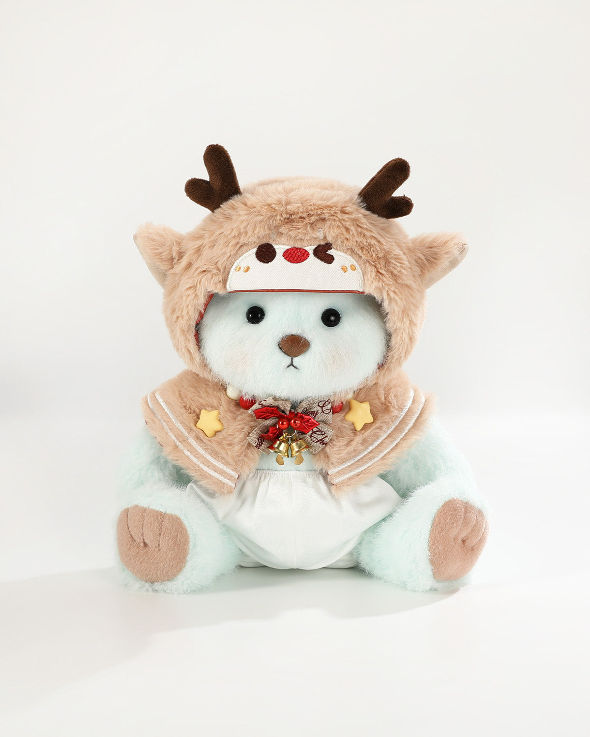 Mint Blue Long Hair Bear & Christmas Reindeer Cape - 12 Inches