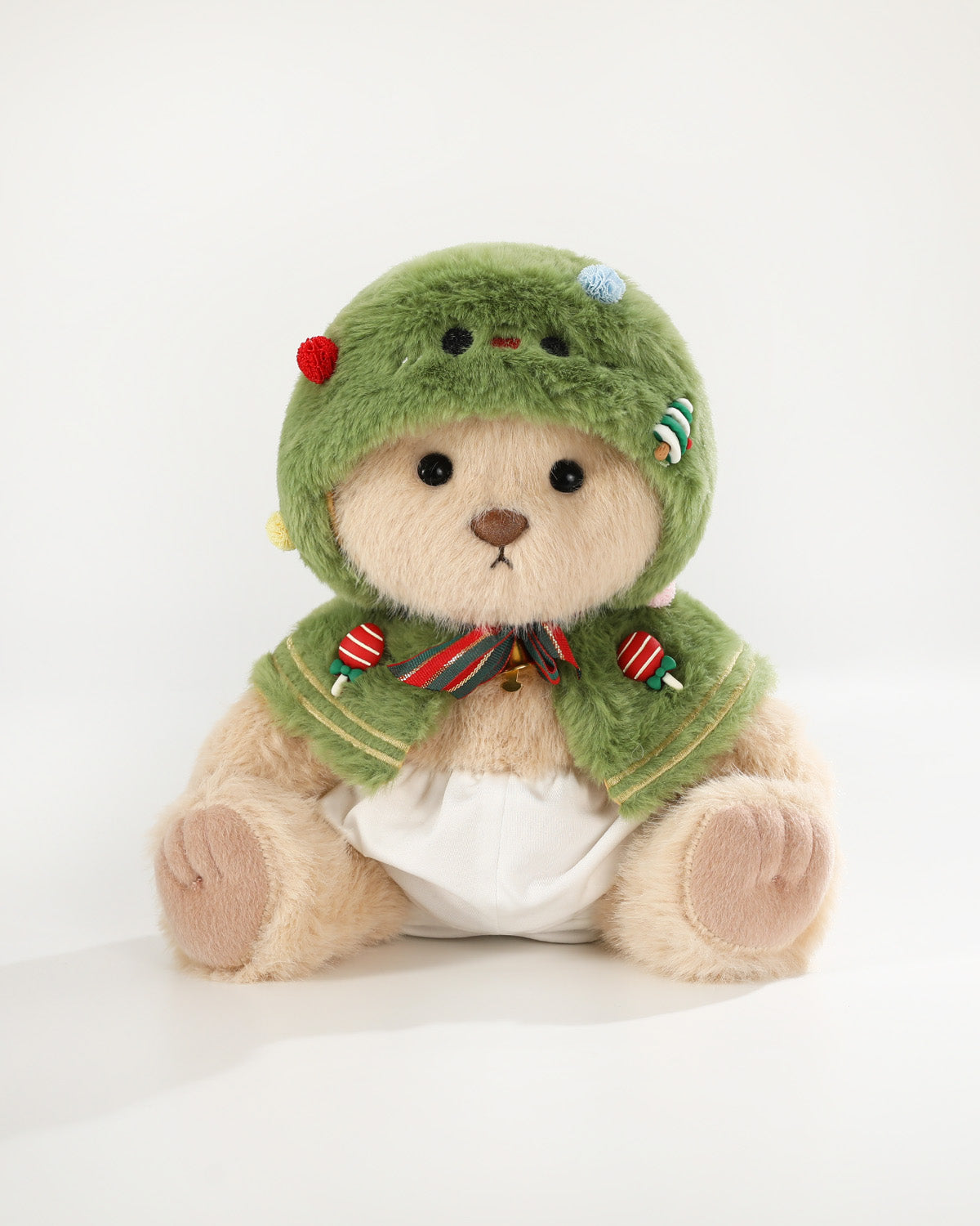 Milk Tea Long Hair Bear & Christmas Tree Cape - 12 Inches