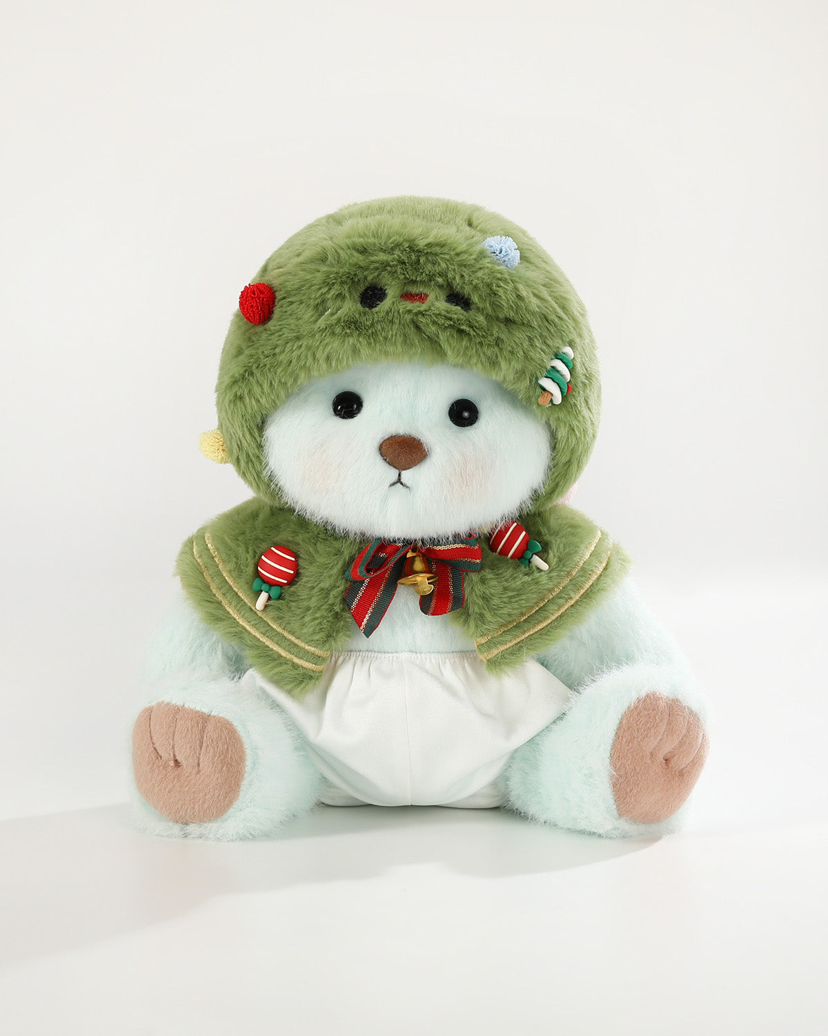 Mint Blue Long Hair Bear & Christmas Tree Cape - 12 Inches