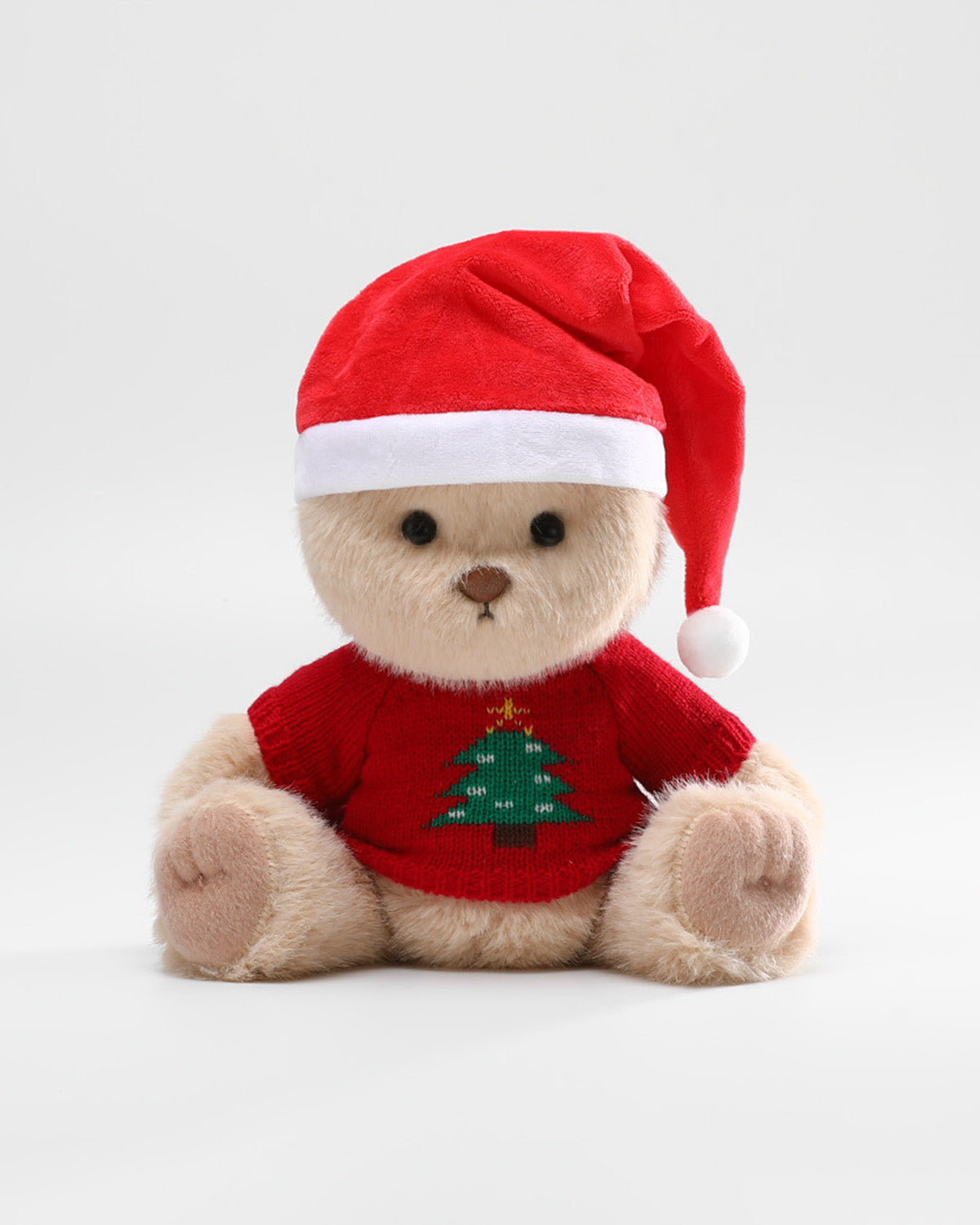 Milk Tea Long Hair Bear & Christmas Tree Sweater Set - 12 Inches