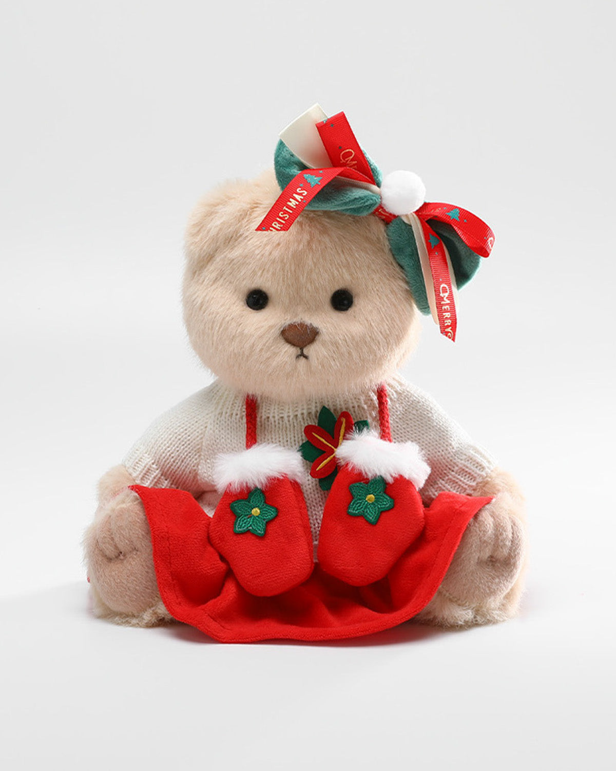 Milk Tea Long Hair Bear & Christmas White Sweater Skirt Set - 12 Inches