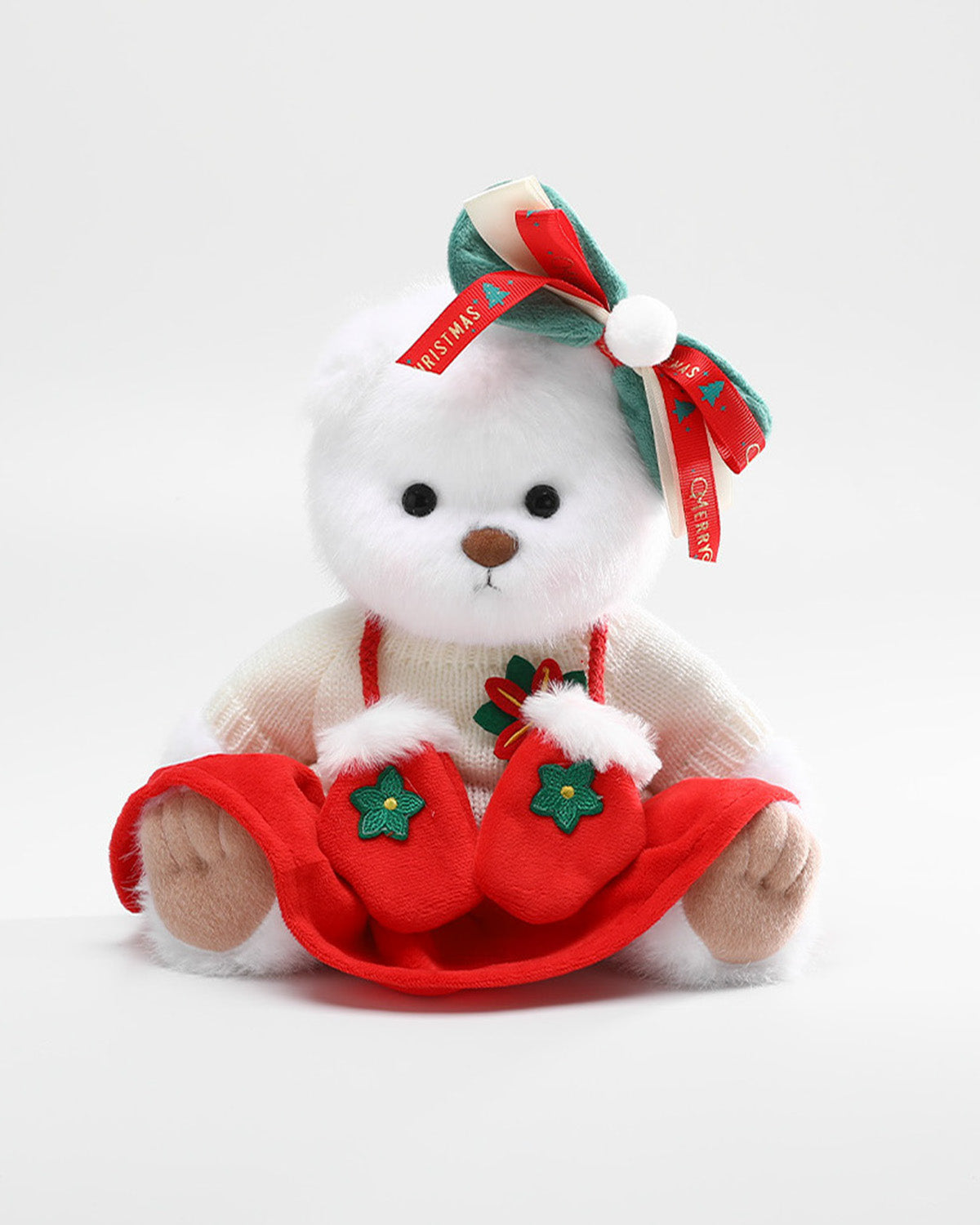 White Long Hair Bear & Christmas White Sweater Skirt Set - 12 Inches