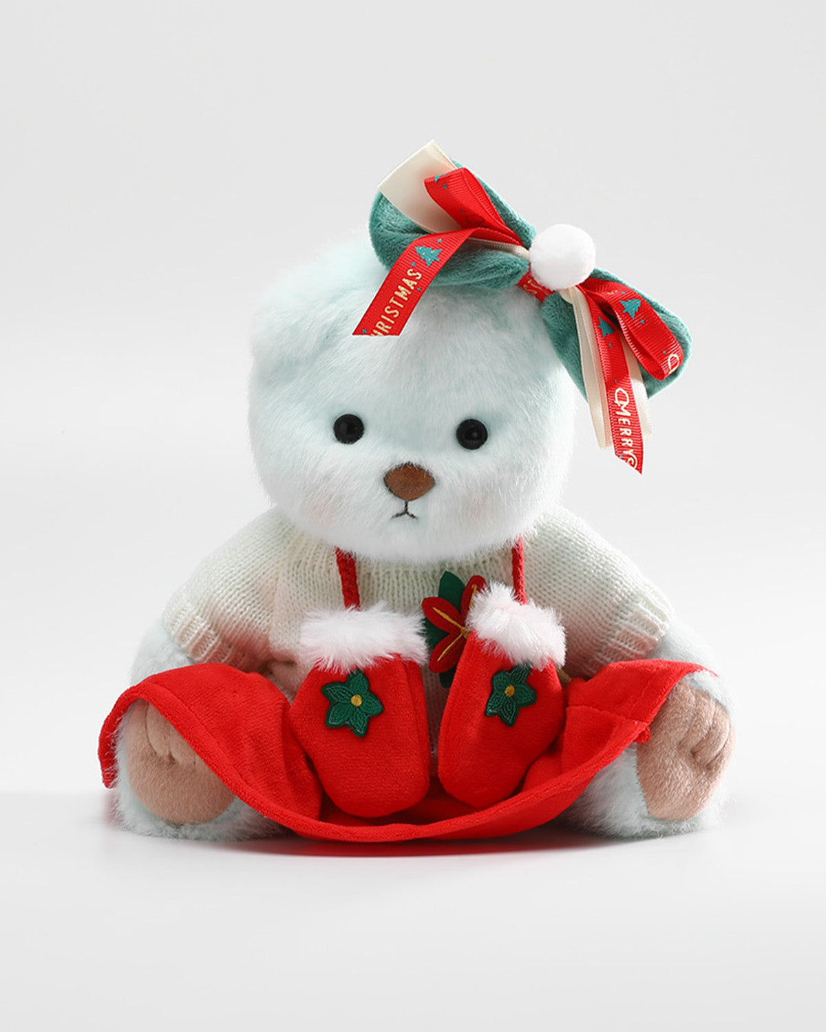 Mint Blue Long Hair Bear & Christmas White Sweater Skirt Set - 12 Inches