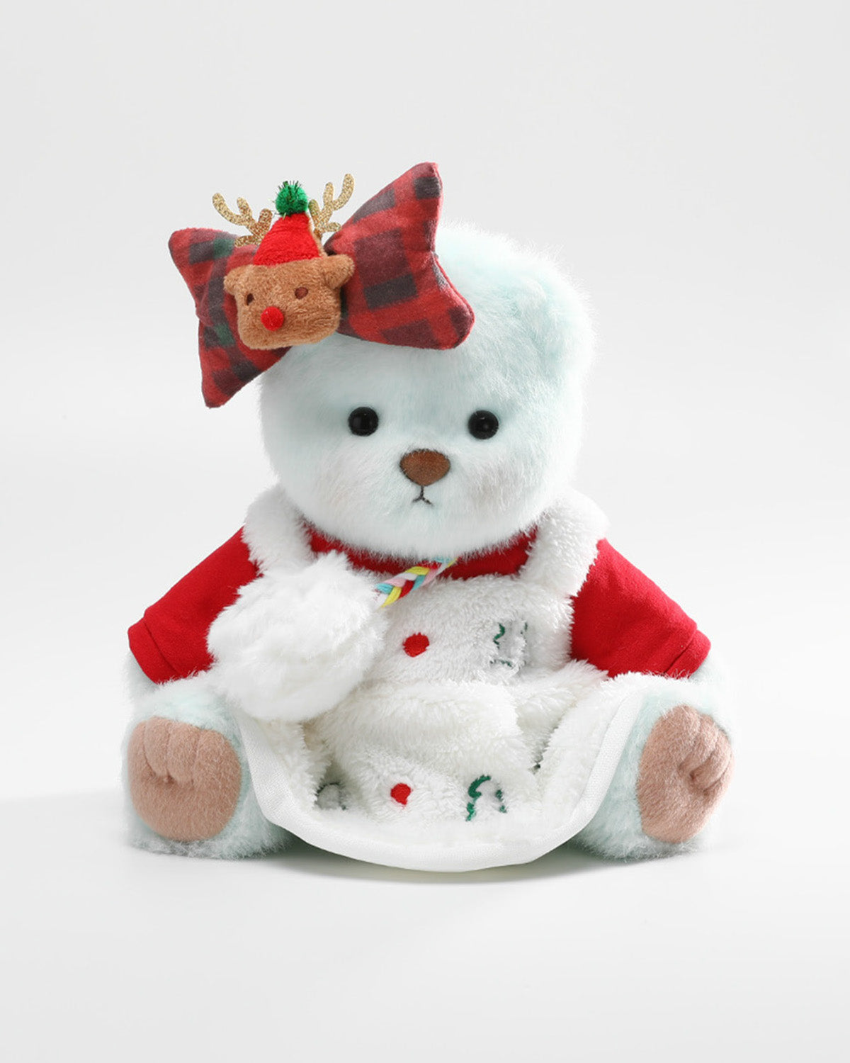 Mint Blue Long Hair Bear & Christmas White Dress Set - 12 Inches
