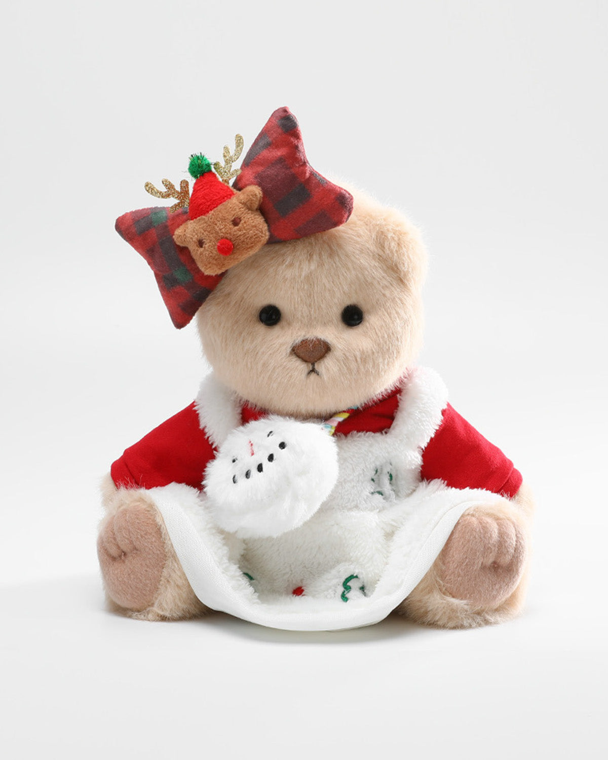 Milk Tea Long Hair Bear & Christmas White Dress Set - 12 Inches