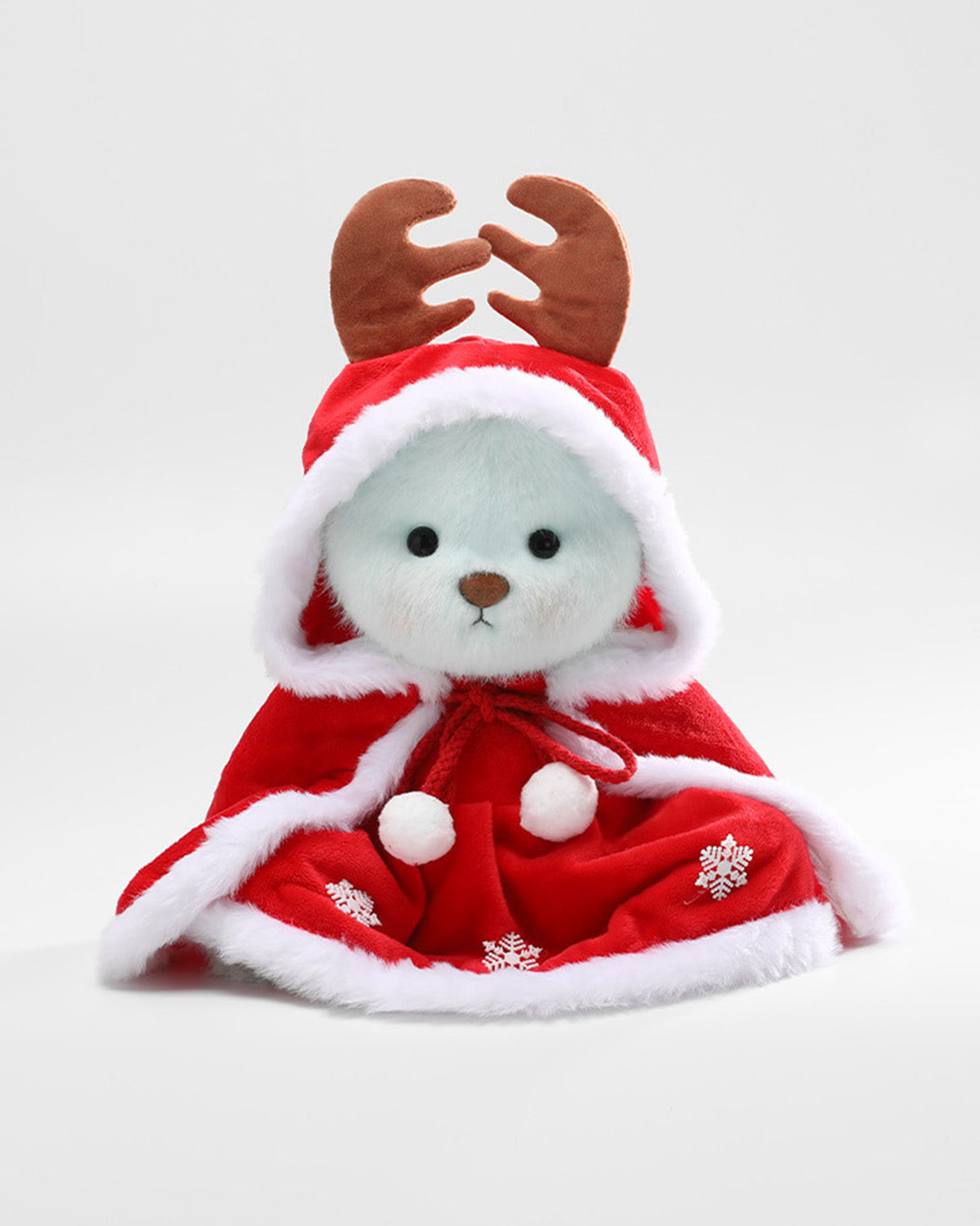 Mint Blue Long Hair Bear & Christmas Reindeer Antler Hooded Dress - 12 Inches