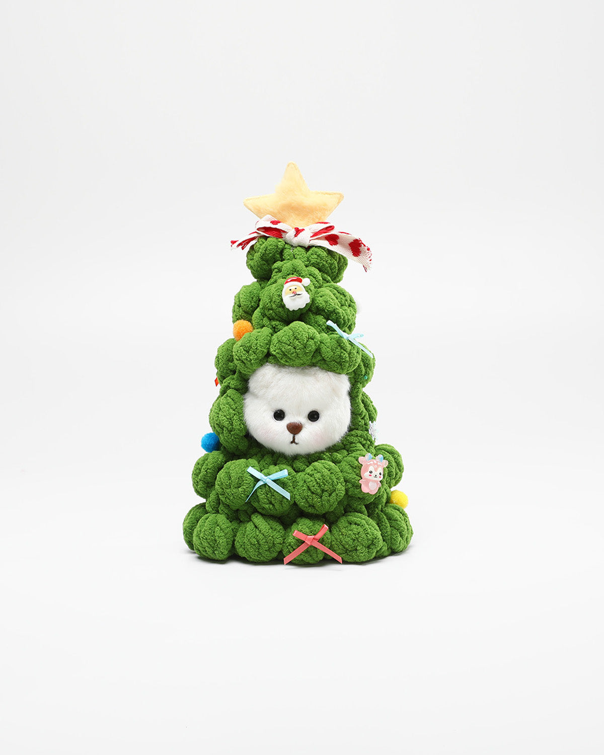 White Short Hair Bear & Christmas Handmade Green Tree Hood - 6 Inches