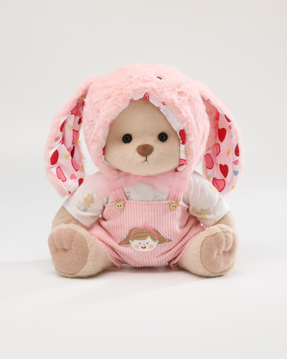 Milk Tea Short Hair Bear & Pink Long Eared Rabbit Overalls Set - 12 Inches