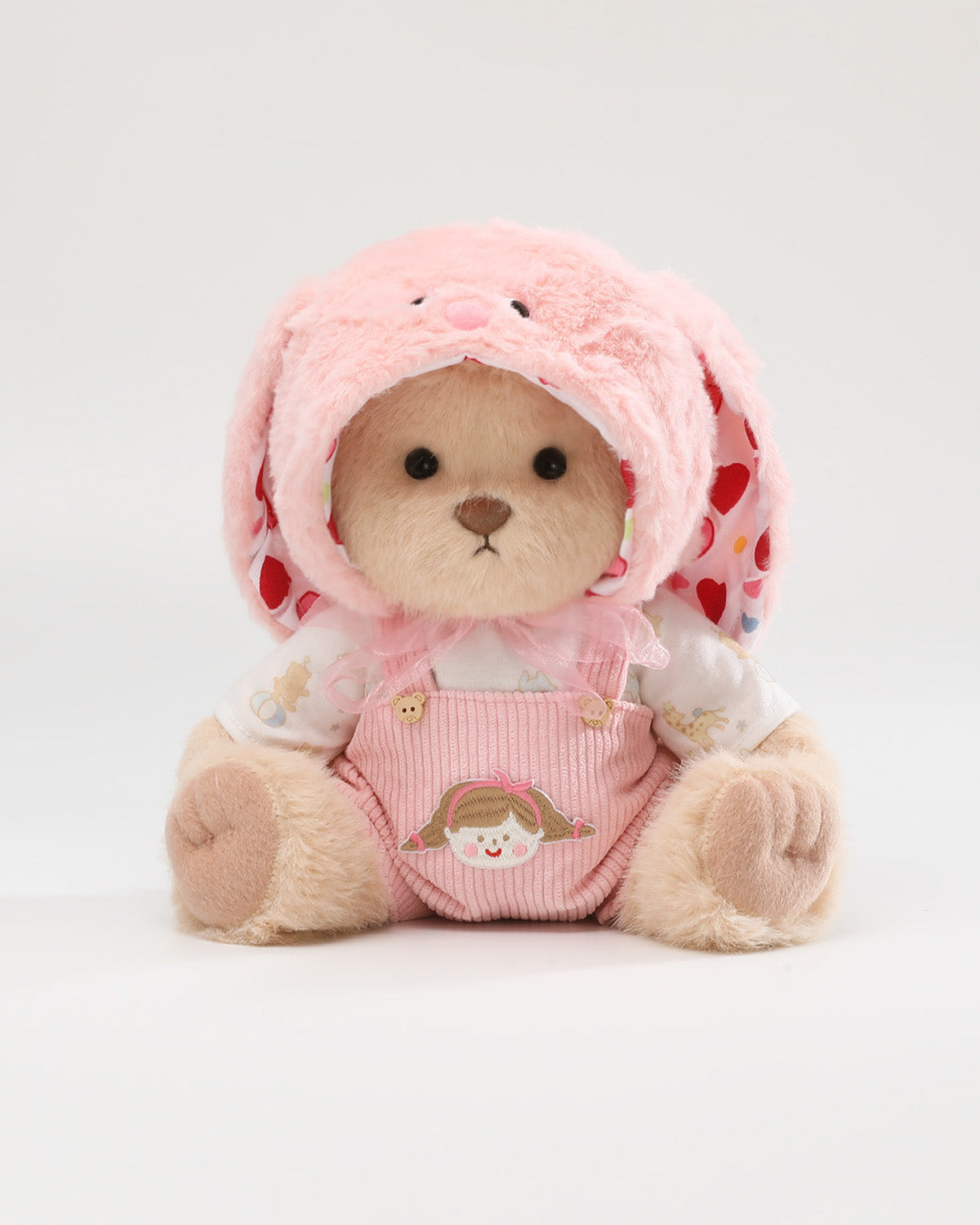 Milk Tea Long Hair Bear & Pink Long Eared Rabbit Overalls Set - 12 Inches