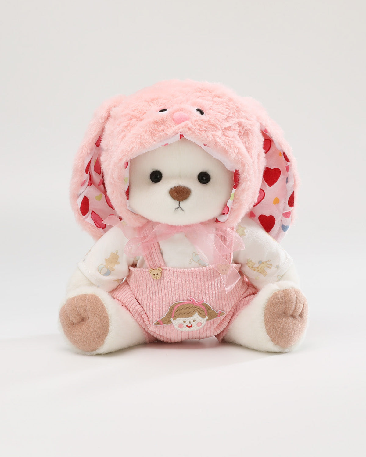 White Short Hair Bear & Pink Long Eared Rabbit Overalls Set - 12 Inches