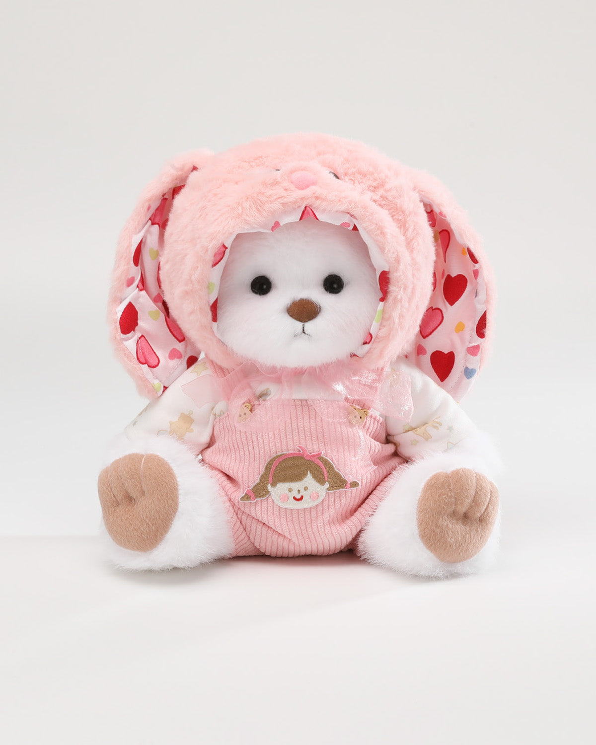 White Long Hair Bear & Pink Long Eared Rabbit Overalls Set - 12 Inches