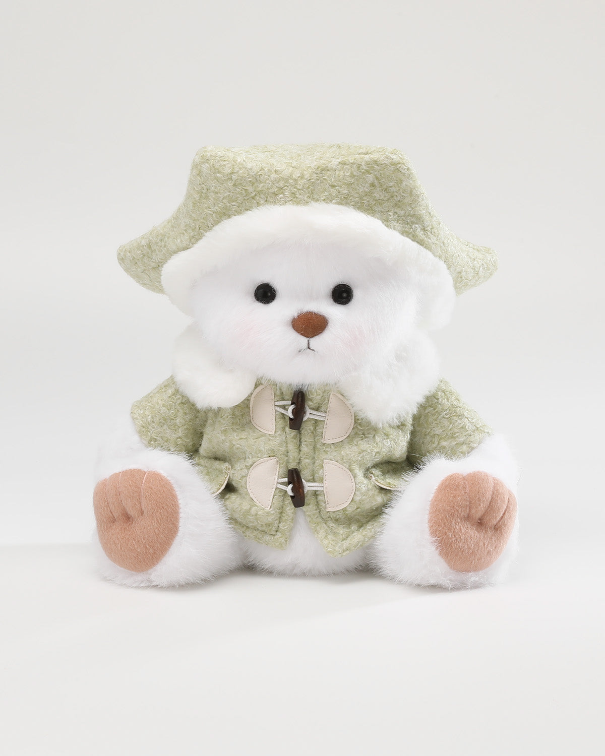 White Long Hair Bear & Green Hexagonal Beret Wool Coat Set - 12 Inches