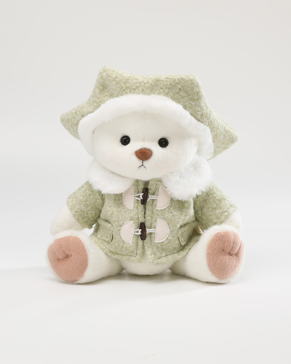 White Short Hair Bear & Green Hexagonal Beret Wool Coat Set - 12 Inches