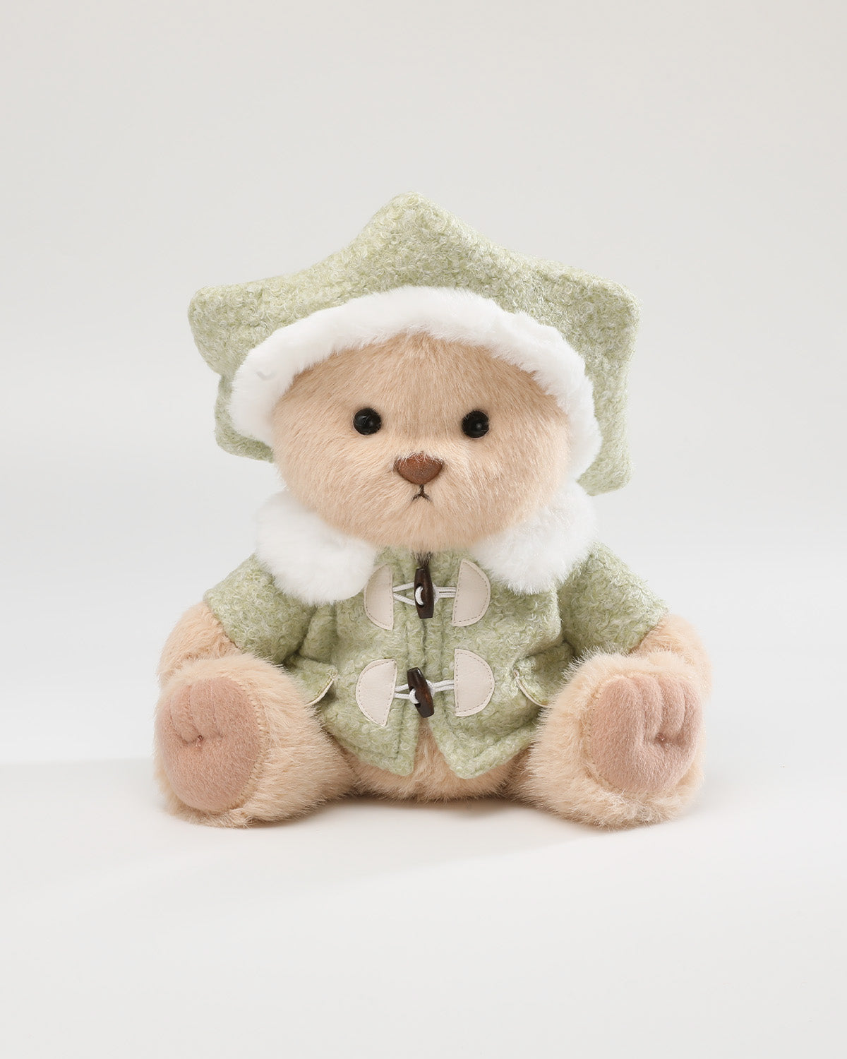 Milk Tea Long Hair Bear & Green Hexagonal Beret Wool Coat Set - 12 Inches