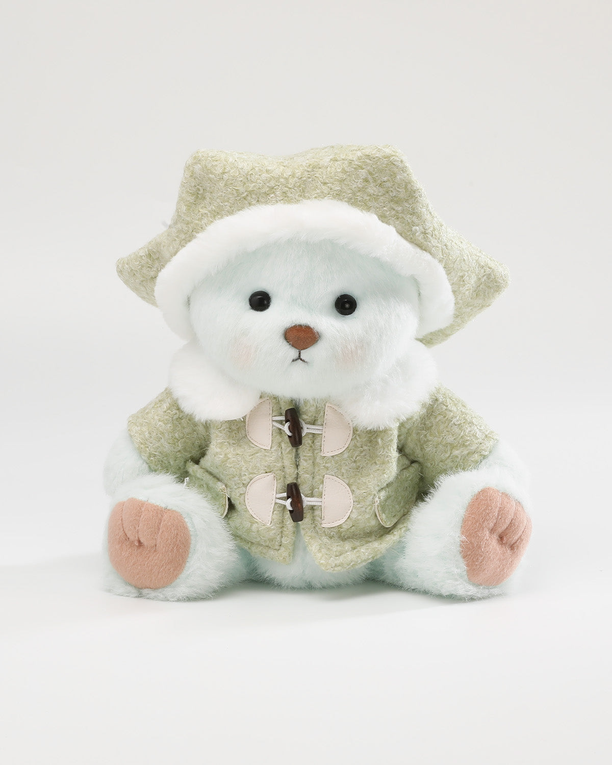 Mint Blue Long Hair Bear & Green Hexagonal Beret Wool Coat Set - 12 Inches