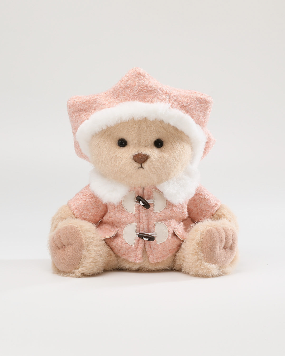Milk Tea Long Hair Bear & Pink Hexagonal Beret Wool Coat Set - 12 Inches