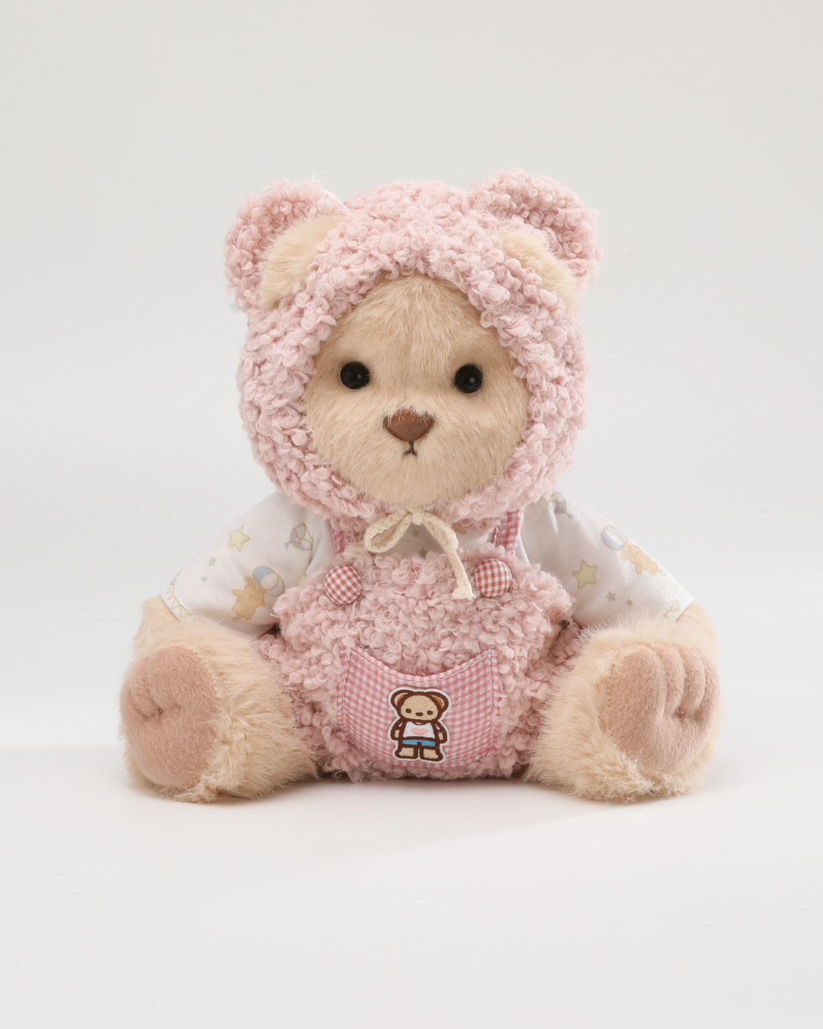 Milk Tea Long Hair Bear & Pink Fluffy Overalls Set - 12 Inches