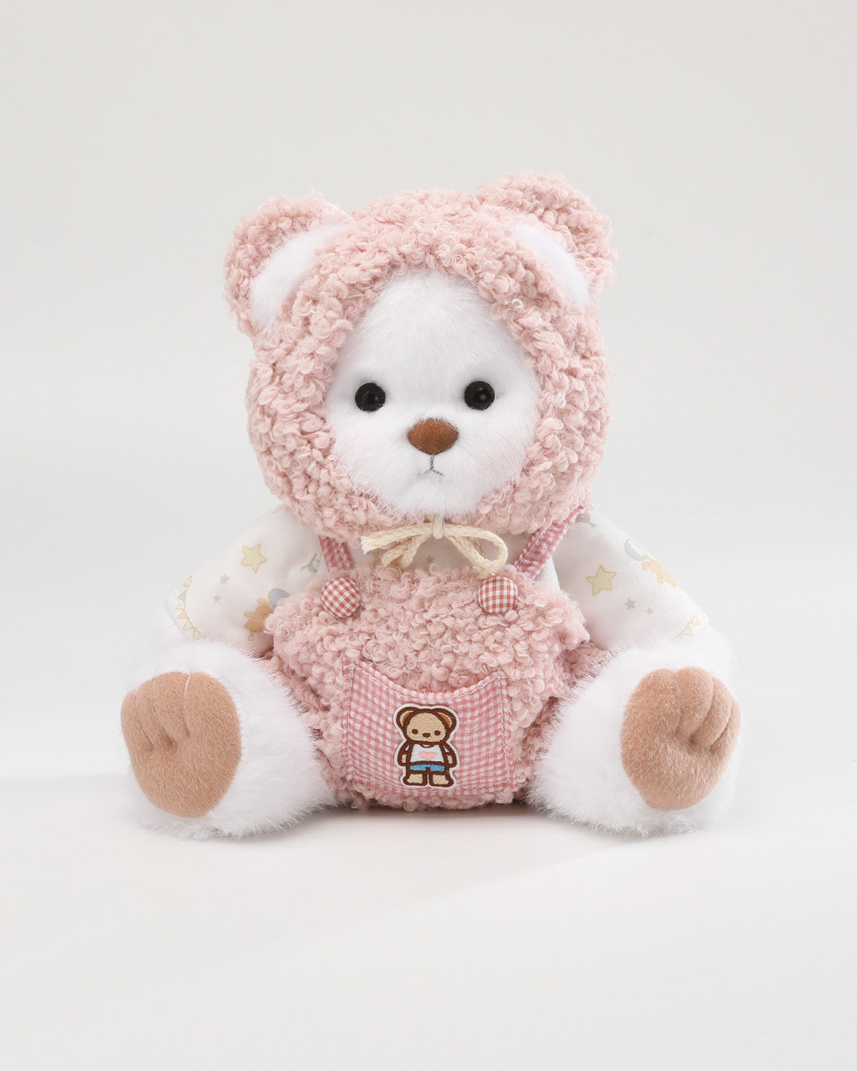 White Long Hair Bear & Pink Fluffy Overalls Set - 12 Inches