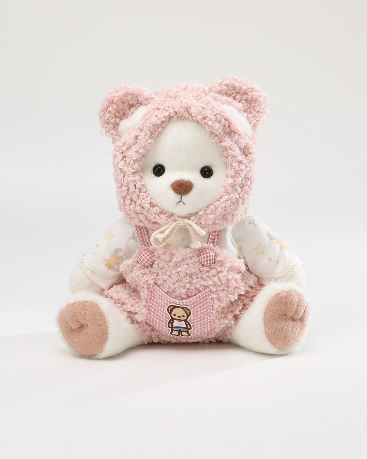 White Short Hair Bear & Pink Fluffy Overalls Set - 12 Inches