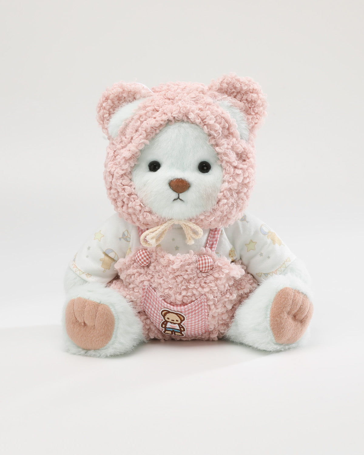 Mint Blue Long Hair Bear & Pink Fluffy Overalls Set - 12 Inches