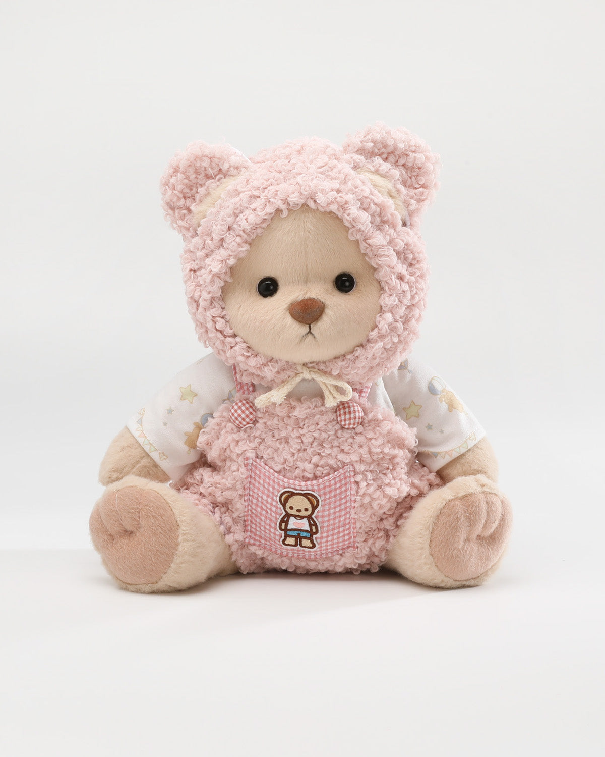 Milk Tea Short Hair Bear & Pink Fluffy Overalls Set - 12 Inches