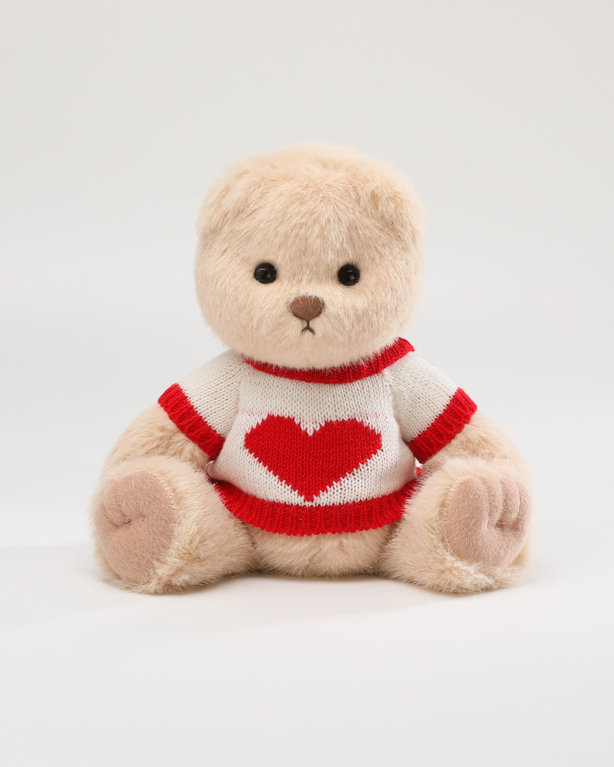 Milk Tea Long Hair Bear & Red-Trimmed White Heart Sweater   - 12 Inches
