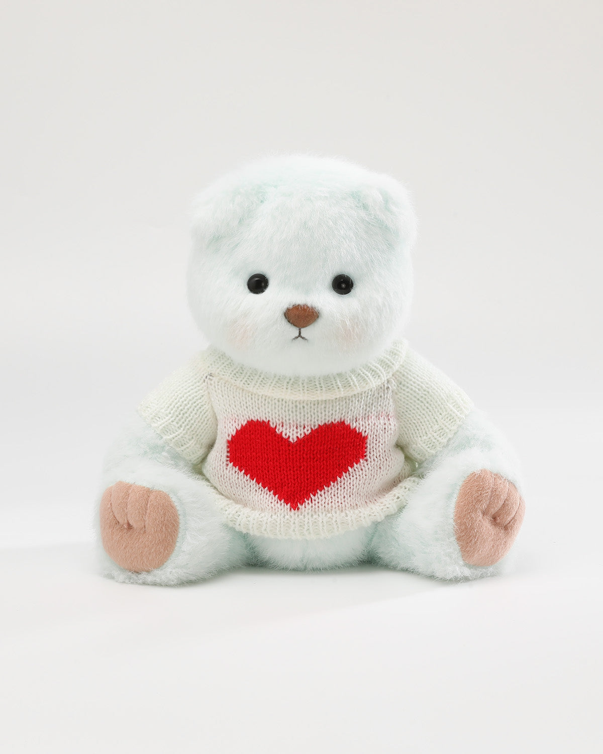 Mint Blue Long Hair Bear & White Heart Sweater - 12 Inches