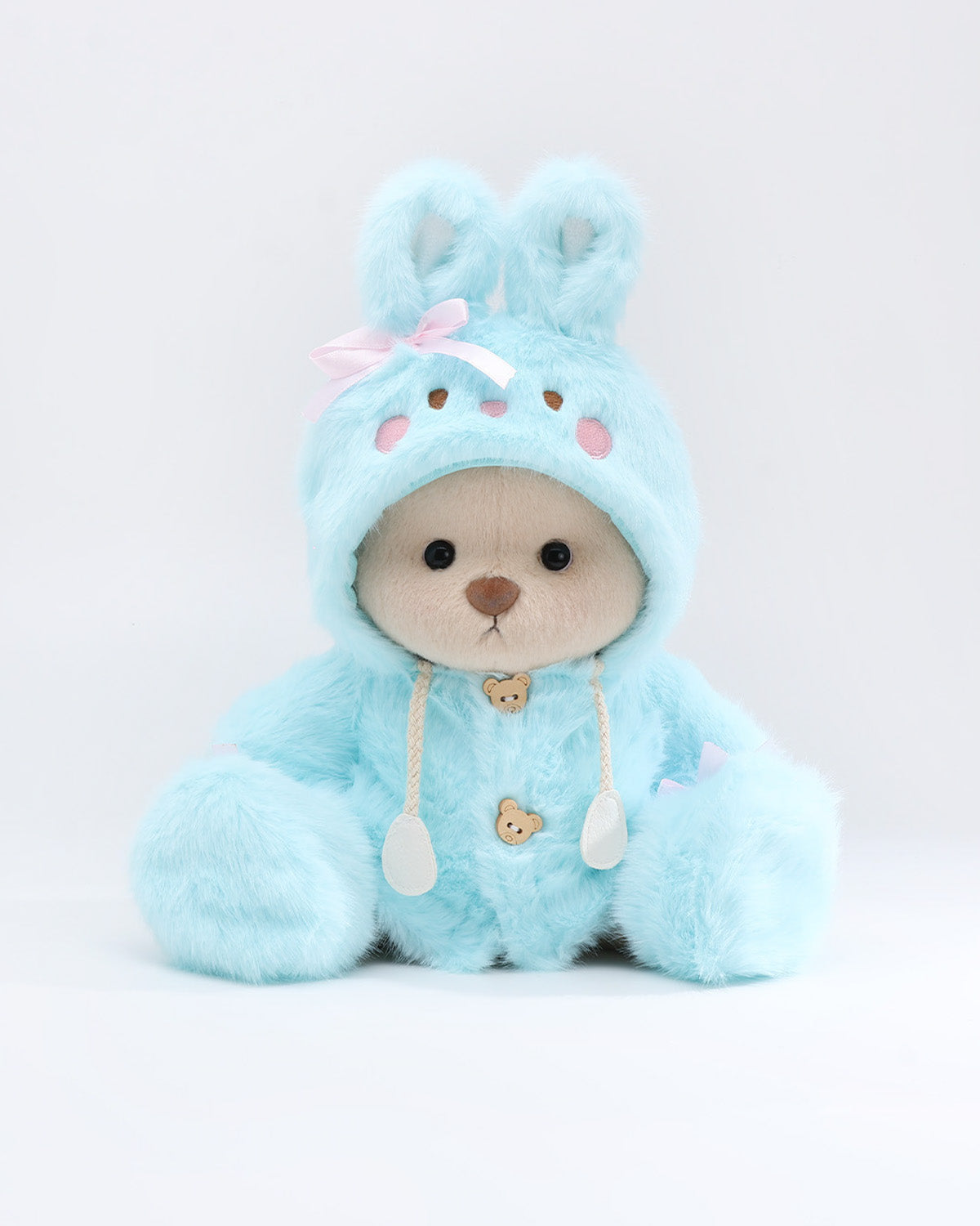 (Easter New In) Milk Tea Short Hair Bear & Blue Plush Bunny Hoodie Dress Set - 12 Inches