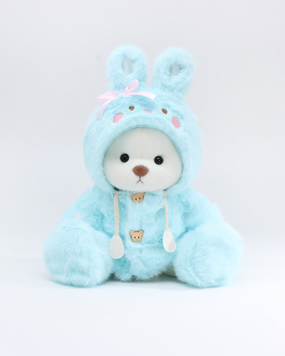 (Easter New In) White Short Hair Bear & Blue Plush Bunny Hoodie Dress Set - 12 Inches