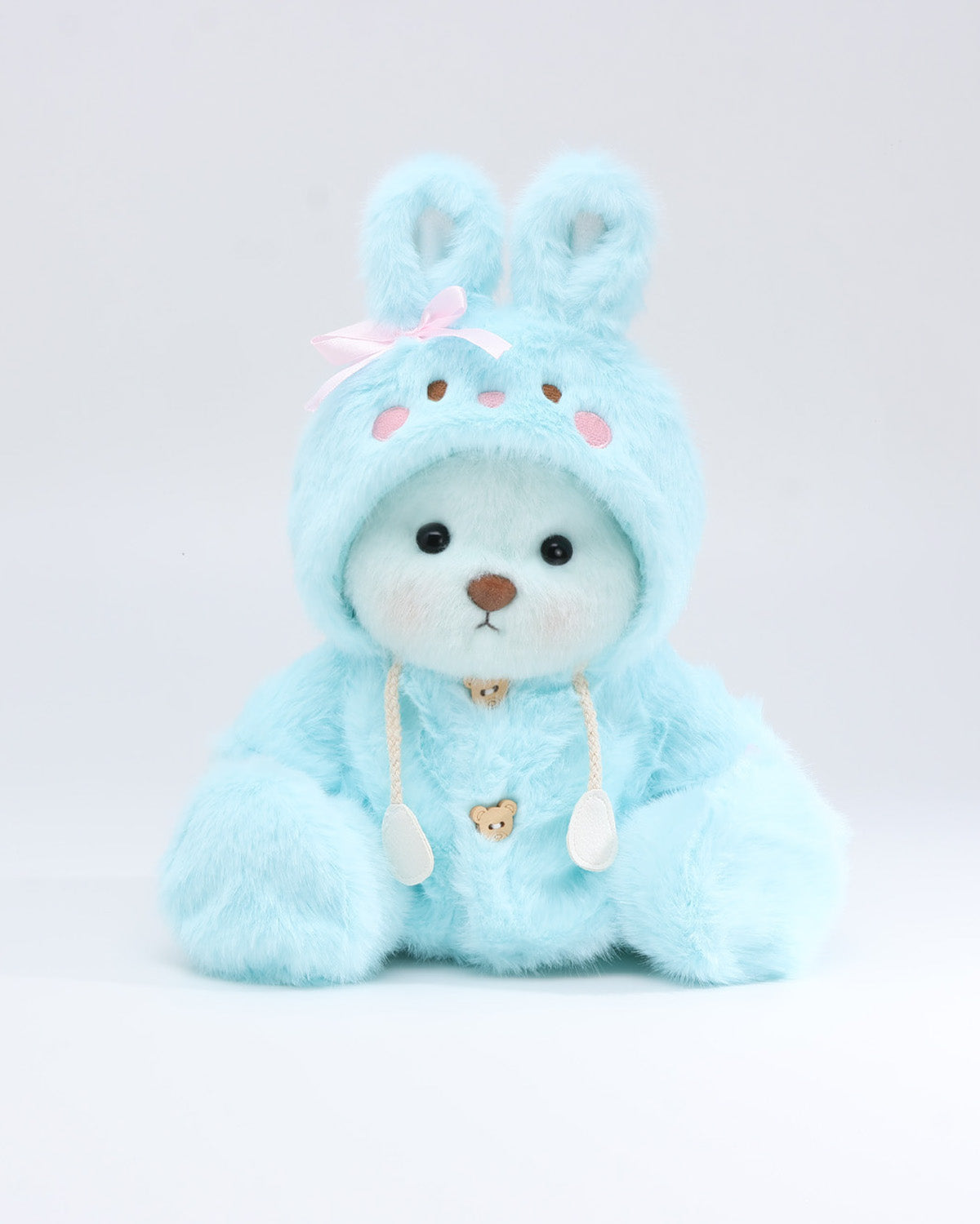 (Easter New In) Mint Blue Long Hair Bear & Blue Plush Bunny Hoodie Dress Set - 12 Inches