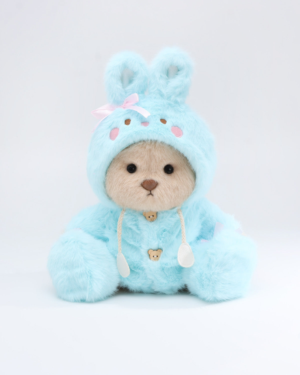 (Easter New In) Milk Tea Long Hair Bear & Blue Plush Bunny Hoodie Dress Set - 12 Inches
