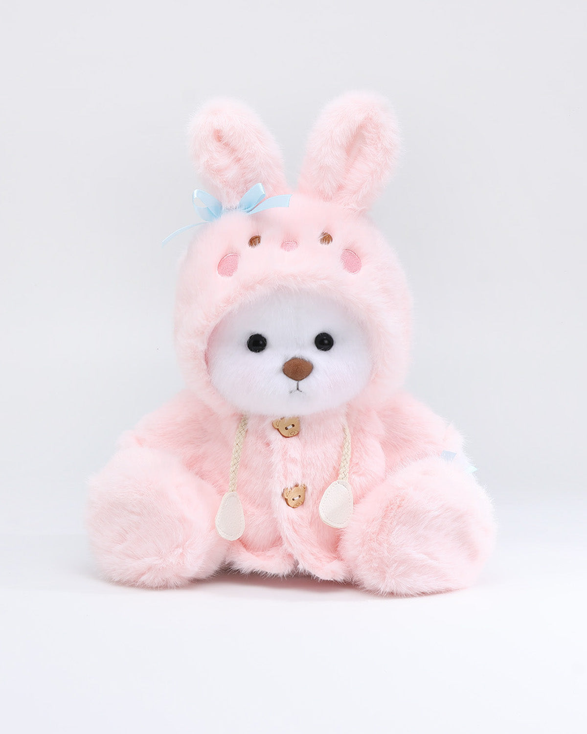 (Easter New In) White Long Hair Bear & Pink Plush Bunny Hoodie Dress Set - 12 Inches