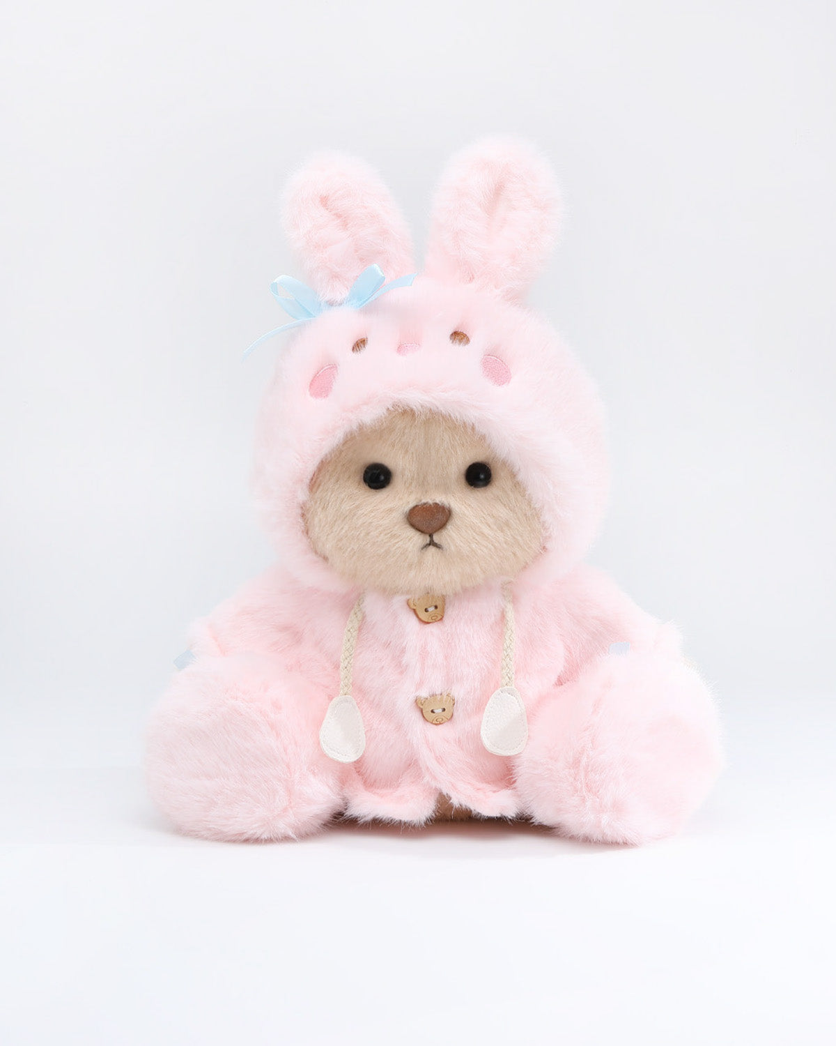 (Easter New In) Milk Tea Long Hair Bear & Pink Plush Bunny Hoodie Dress Set - 12 Inches