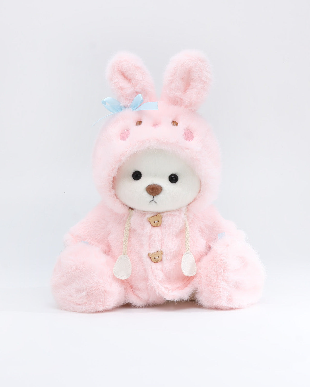 (Easter New In) White Short Hair Bear & Pink Plush Bunny Hoodie Dress Set - 12 Inches
