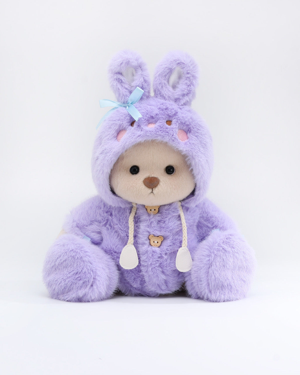 (Easter New In) Milk Tea Short Hair Bear & Purple Plush Bunny Hoodie Dress Set - 12 Inches