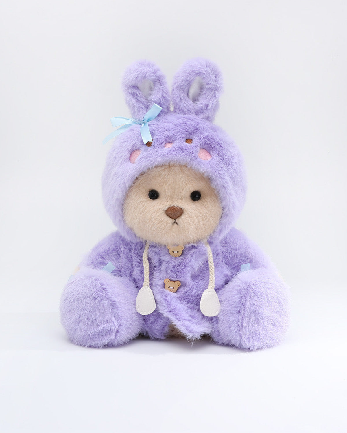 (Easter New In) Milk Tea Long Hair Bear & Purple Plush Bunny Hoodie Dress Set - 12 Inches