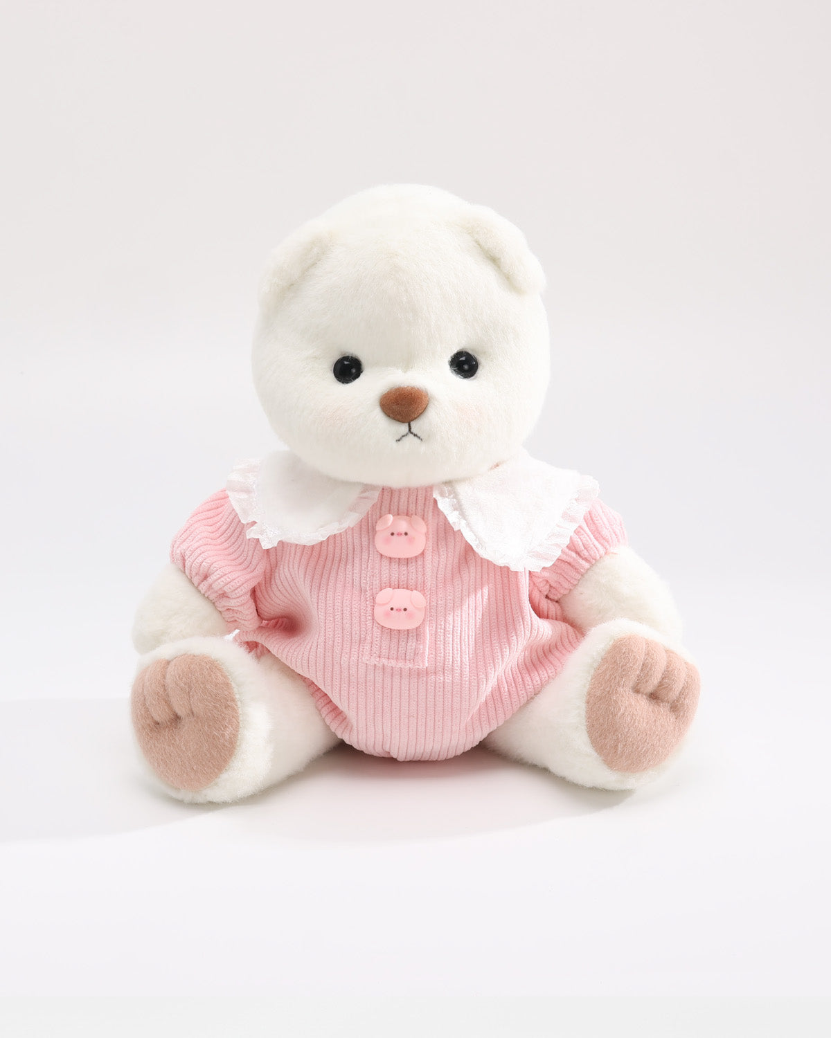 White Short Hair Bear & Pink Ruffle Jumpsuit - 12 Inches