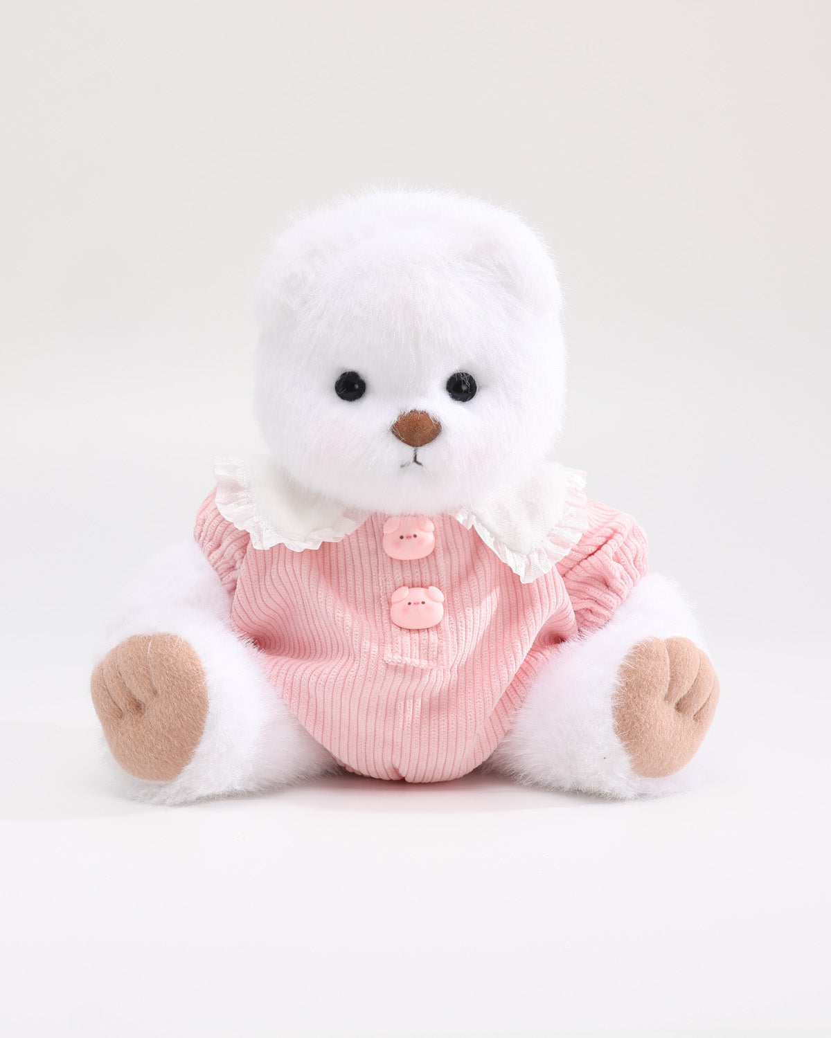 White Long Hair Bear & Pink Ruffle Jumpsuit - 12 Inches