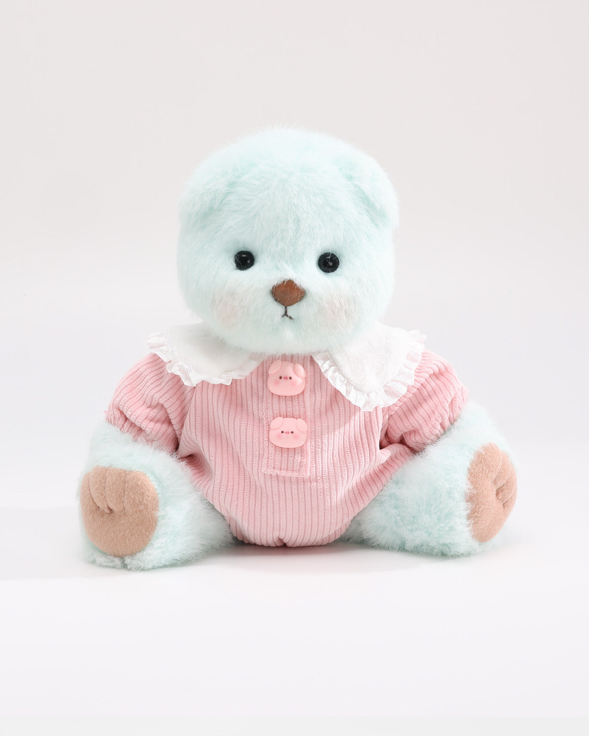 Mint Blue Long Hair Bear & Pink Ruffle Jumpsuit - 12 Inches