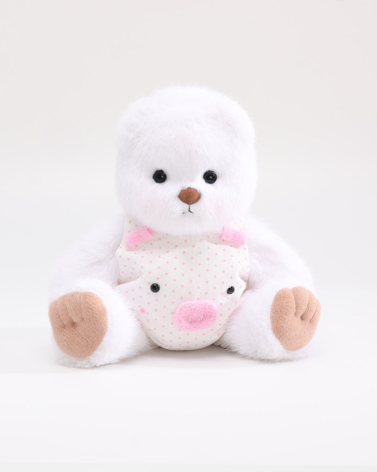 White Long Hair Bear & Pink Piggy Overalls - 12 Inches