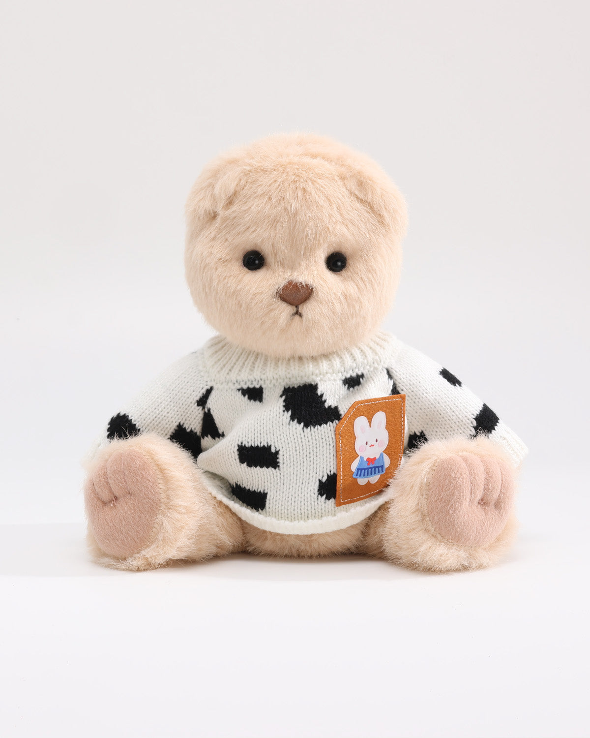 Milk Tea Long Hair Bear & Cow Print Bunny Sweater - 12 Inches