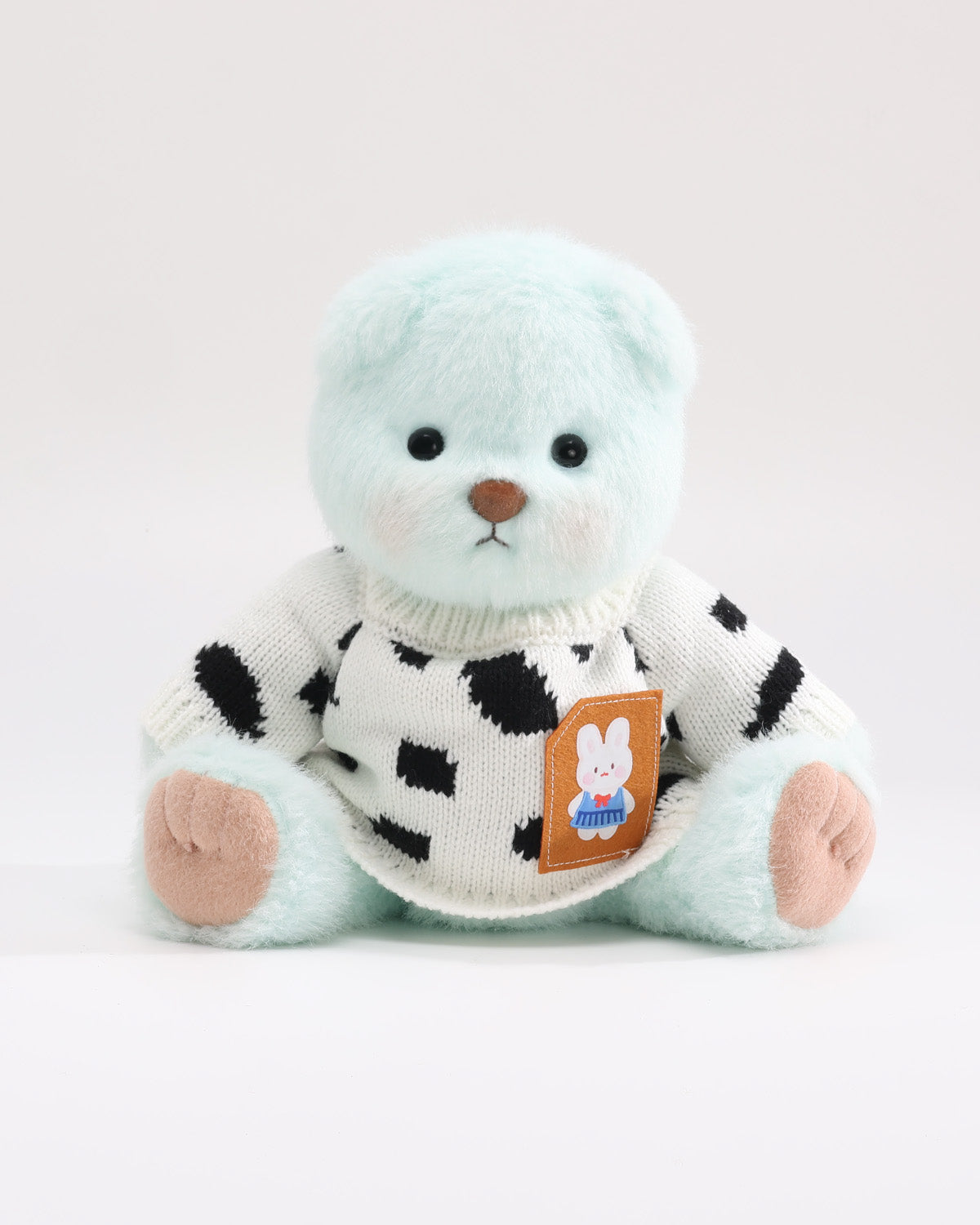 Mint Blue Long Hair Bear & Cow Print Bunny Sweater - 12 Inches
