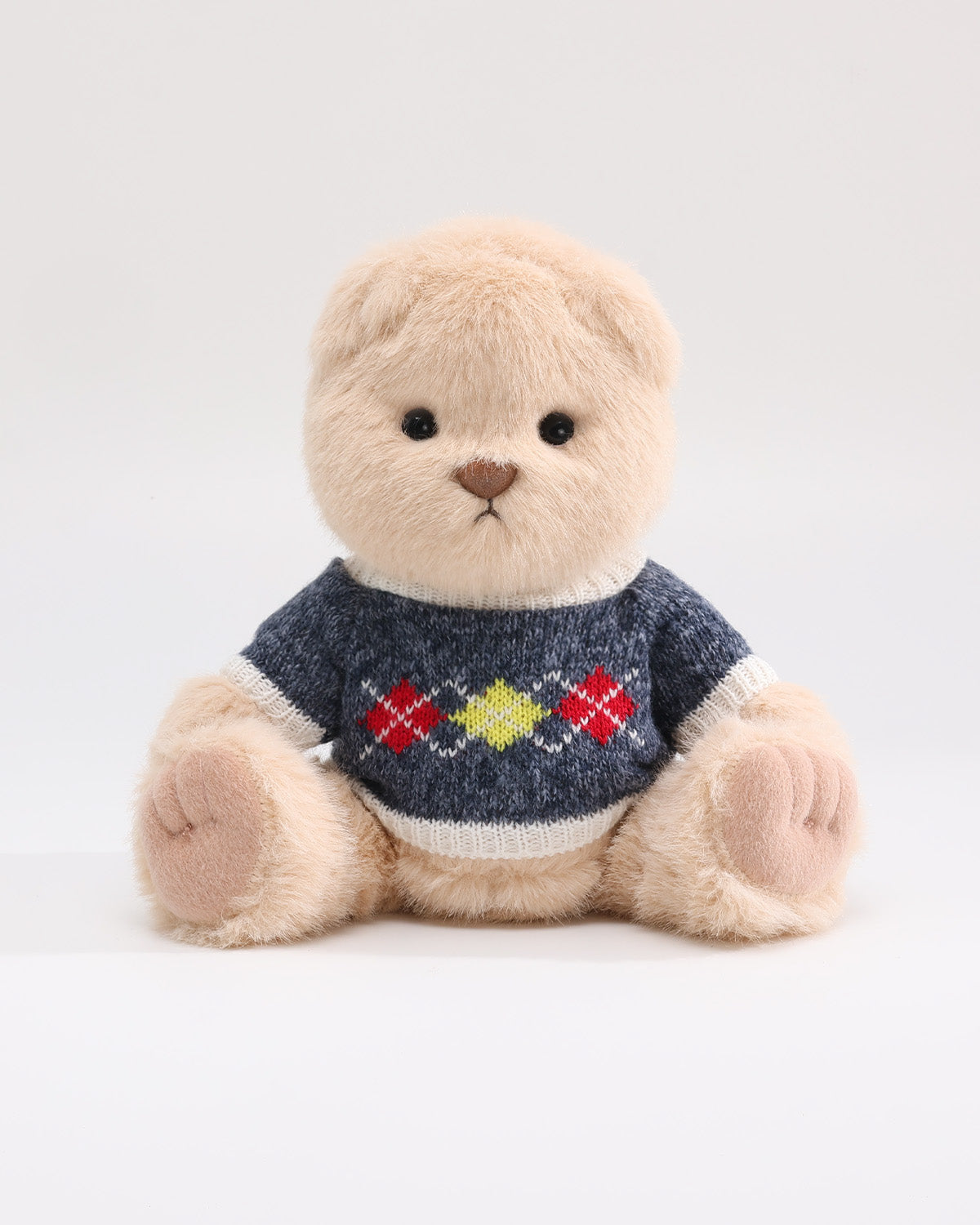 Milk Tea Long Hair Bear & Blue Fair Isle Pattern Sweater - 12 Inches