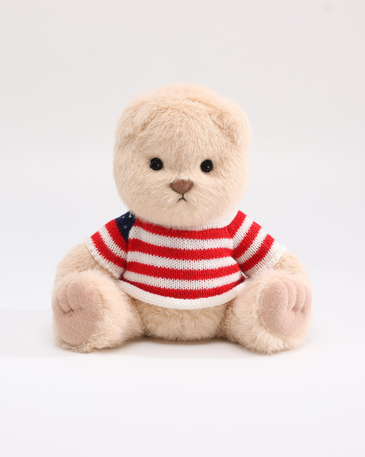 Milk Tea Long Hair Bear & Red Striped Flag Sweater - 12 Inches