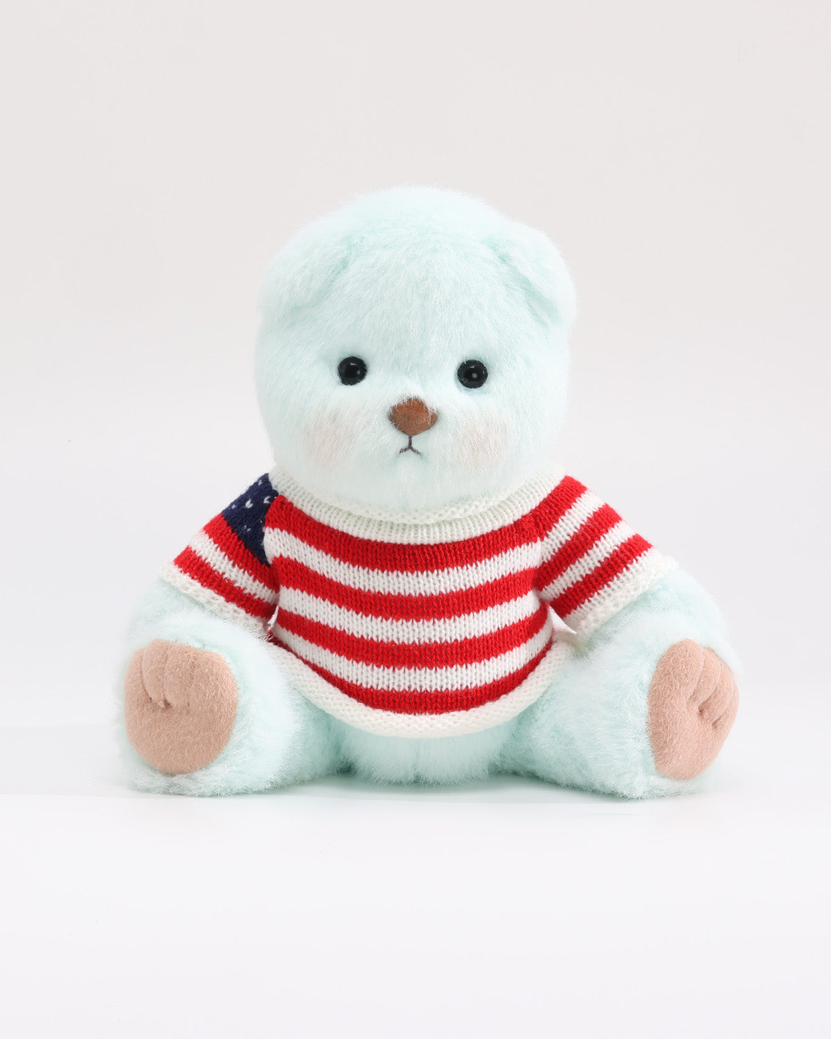 Mint Blue Long Hair Bear & Red Striped Flag Sweater - 12 Inches