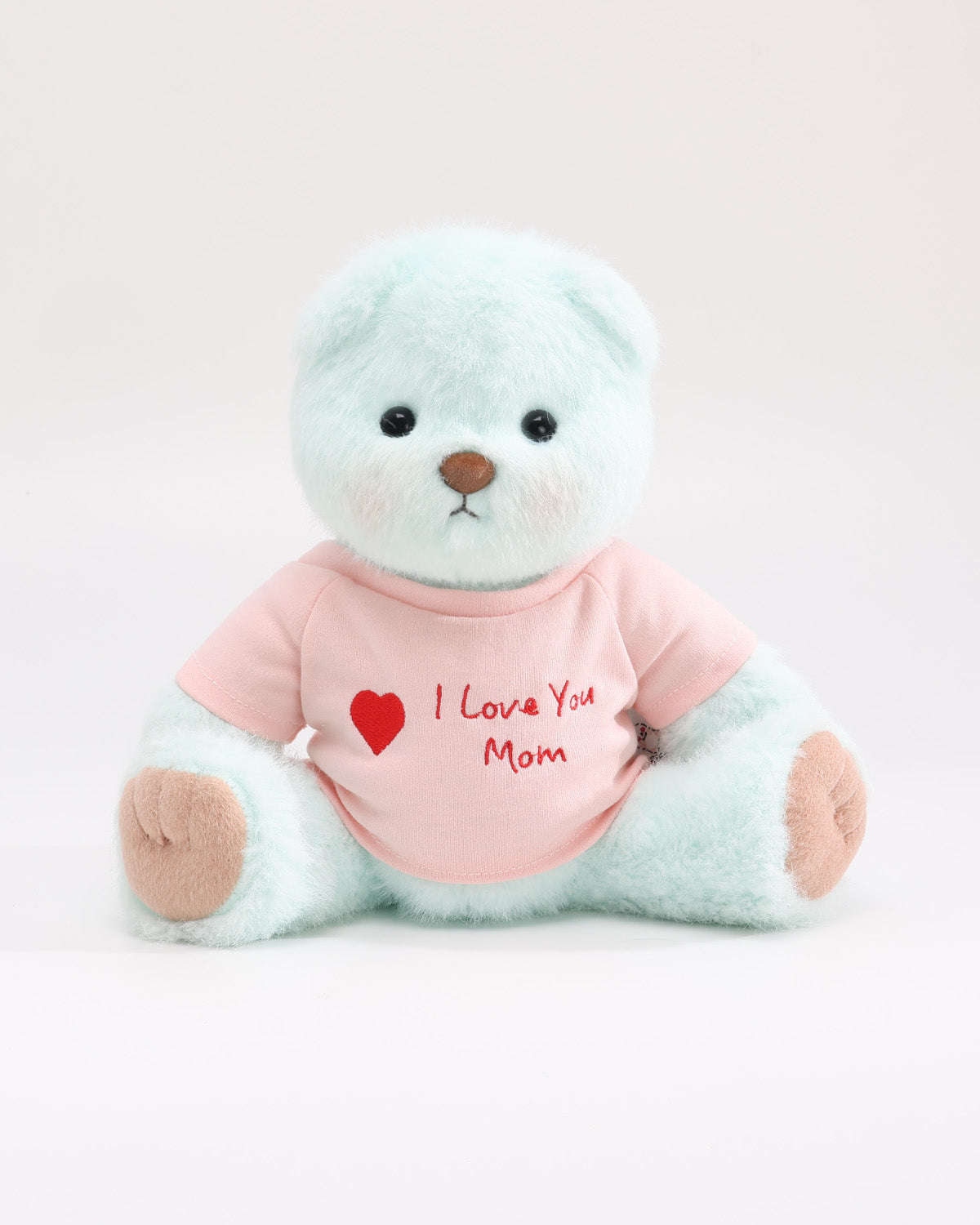 (Mother's Day New In) Mint Blue Long Hair Bear & Pink "I Love Mom" T-Shirt - 12 Inches