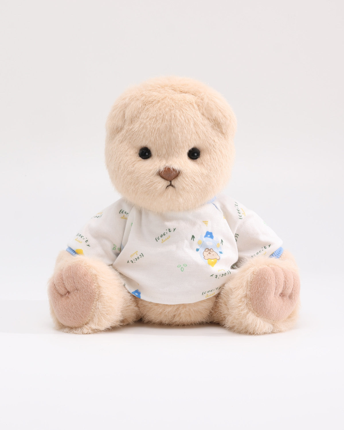 Milk Tea Long Hair Bear & White Bear T-Shirt with Blue Trim - 12 Inches