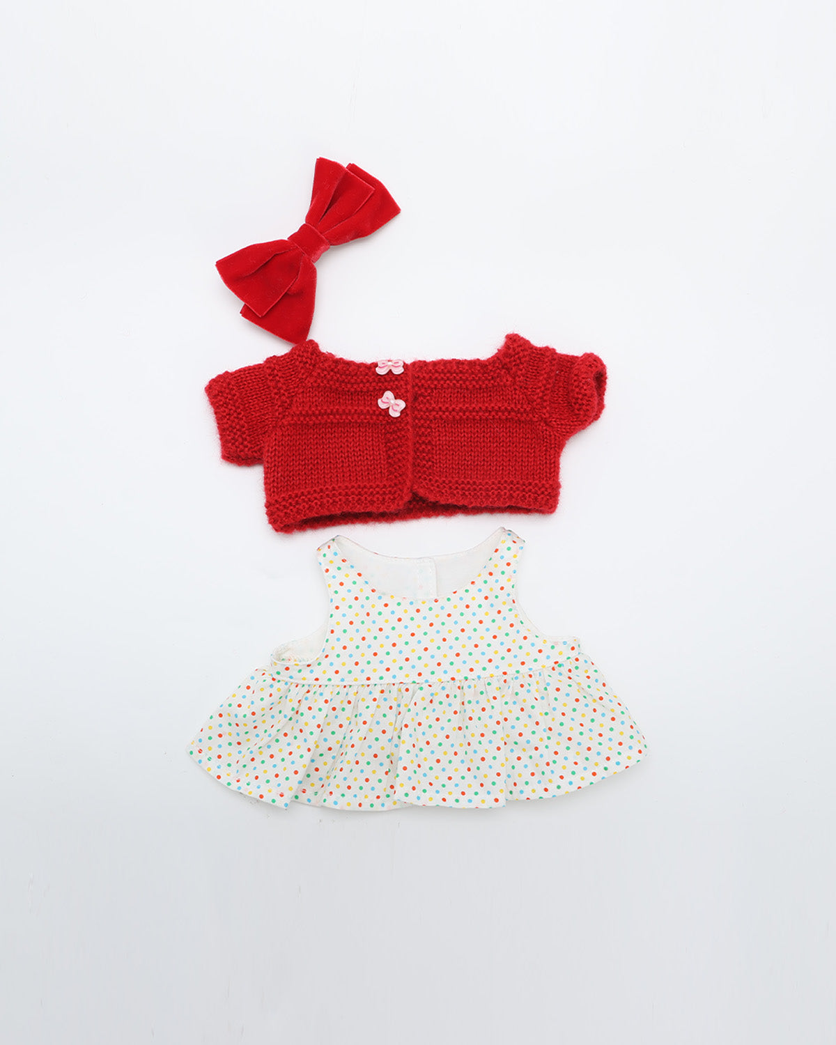 Red Knit Cardigan Polka Dot Dress Set of 3 - 12 Inches