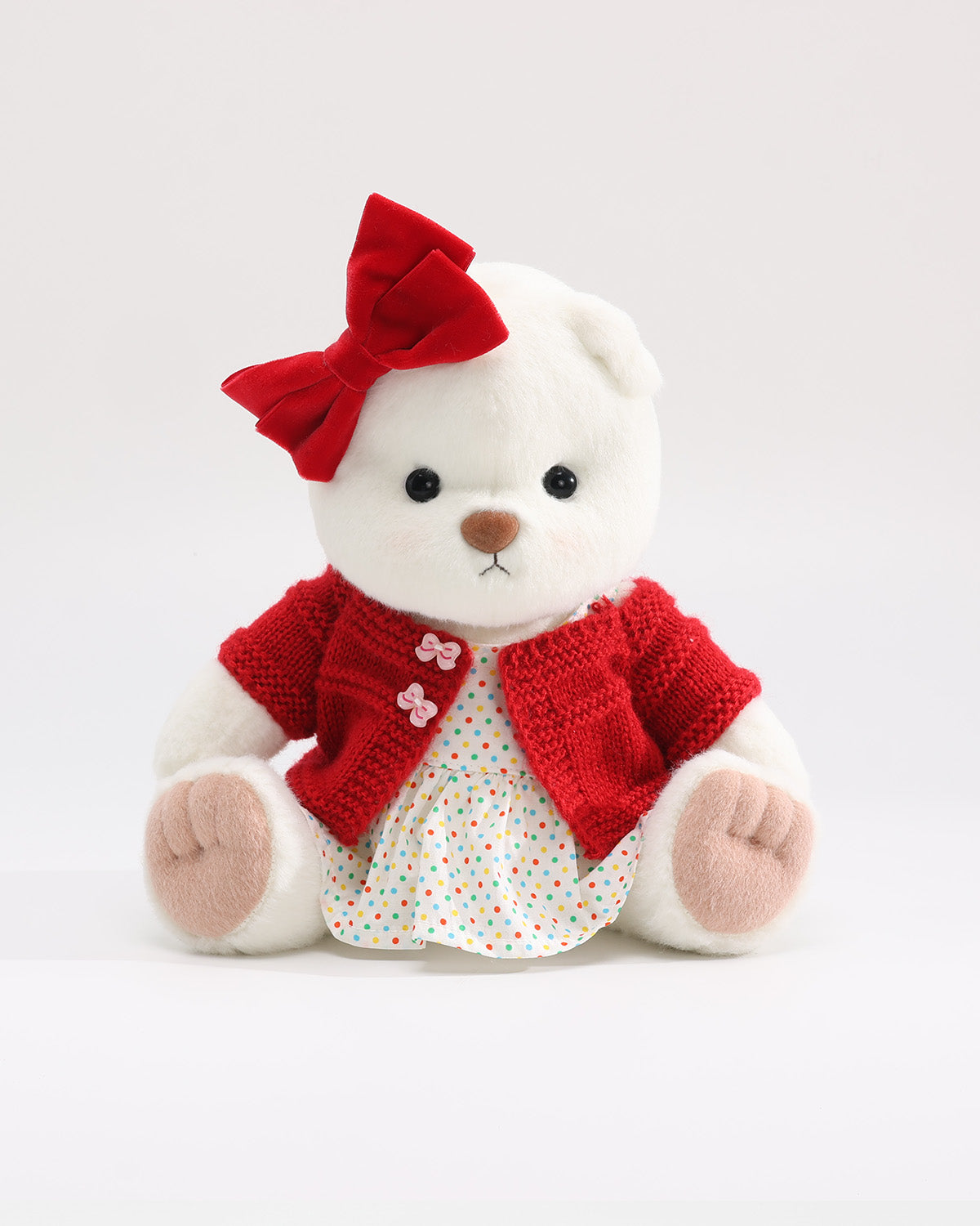 White Short Hair Bear & Red Knit Cardigan Polka Dot Dress Set of 3 - 12 Inches