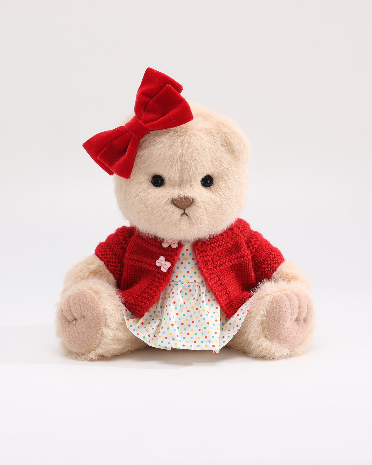 Milk Tea Long Hair Bear & Red Knit Cardigan Polka Dot Dress Set of 3 - 12 Inches
